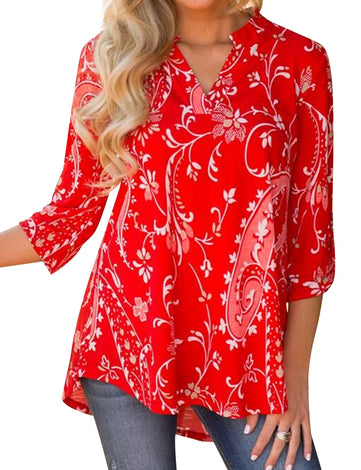 Bohemian 3/4 Sleeve V Neck Floral Print Shirt