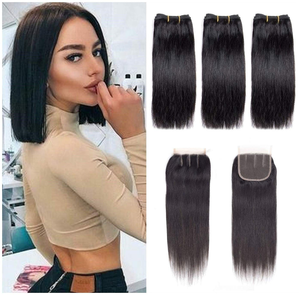 Blowing Straight Hair 3 Bundles with Closure Brazilian Virgin Hair Three Part Lace Closure with Bundles 8a Straight Human Hair Weft with Closure Three Part Natural Color（10 12 14+10)