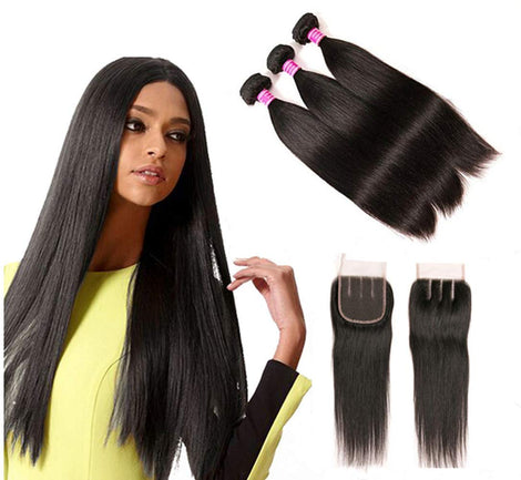 Blowing Straight Hair 3 Bundles with Closure Brazilian Virgin Hair Three Part Lace Closure with Bundles 8a Straight Human Hair Weft with Closure Three Part Natural Color（10 12 14+10，Three part）