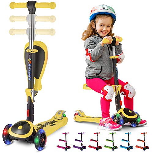 S SKIDEE Scooter for Kids with Foldable and Removable Seat – Adjustable Height, 3 LED Light Wheels, USA Brand 3 Wheels Kick Scooter for Girls & Boys 2-12 Years Old - Y200